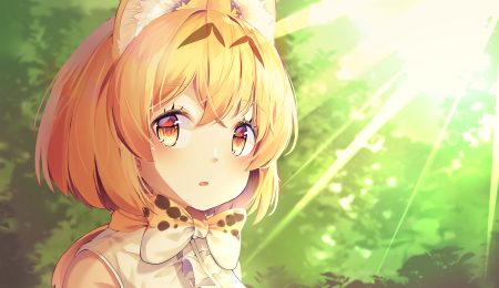 animal ears animal ears (artist) anthropomorphism blonde hair blush bow catgirl close green kemono friends serval short hair yellow eyes