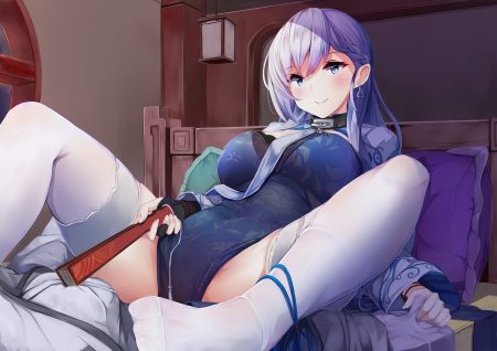 anthropomorphism azur lane bed belfast (azur lane) blush braids chinese clothes chinese dress dress fan irohasu long hair spread legs thighhighs white hair