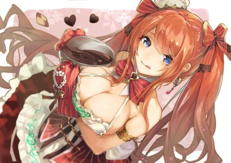 alice (sennen sensou aigis) blue eyes breast hold breasts candy chocolate cleavage cruel gz dress gloves heart long hair orange hair sennen sensou aigis twintails valentine