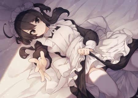 apron brown eyes brown hair dress long hair maid natsuki teru original panties thighhighs underwear