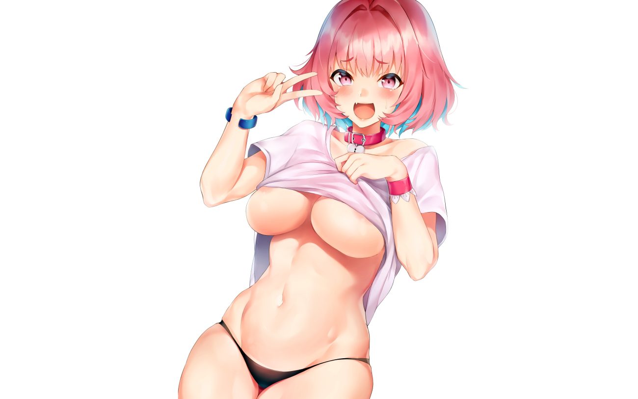 blush breasts collar fang idolmaster idolmaster cinderella girls navel nipples panties pink eyes pink hair shirt lift short hair third-party edit underboob underwear usa b white wristwear yumemi riamu