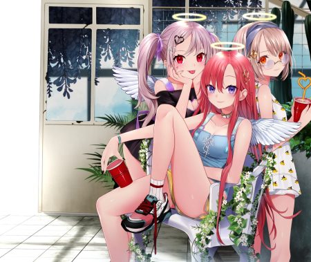 aliasing angel breasts cleavage collar drink flowers glasses halo komazuki (komaworks240) long hair orange eyes original purple eyes red eyes short hair shorts socks twintails wings wristwear