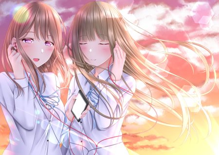 2girls headphones long hair naginagiwaffle original pink eyes sunset