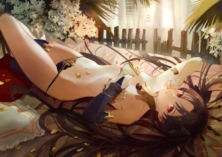 bed brown hair fate/grand order fate (series) flowers ishtar (fate/grand order) leiq long hair navel petals red eyes signed thighhighs