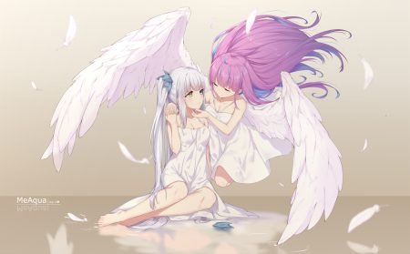 2girls angel barefoot bicolored eyes breasts cleavage dress feathers hololive kagura gumi kagura mea long hair minato aqua neps-l purple hair shoujo ai summer dress twintails white hair wings