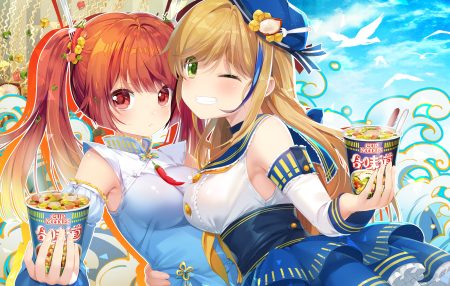 2girls blonde hair blush breasts cat smile chinese clothes dress food green eyes hug long hair mvv original red eyes red hair school uniform twintails vivian (mvv) wink