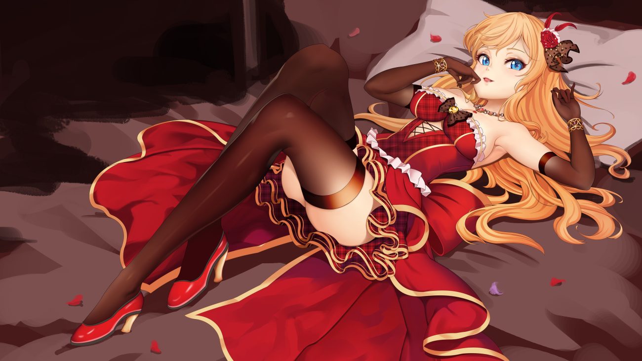 aqua eyes bed blonde hair cropped dress elbow gloves gloves hpb8642 idolmaster idolmaster cinderella girls ootsuki yui thighhighs