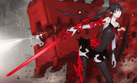 black hair ishinarimaru shouten long hair mecha original pixiv fantasia red eyes sword thighhighs twintails weapon