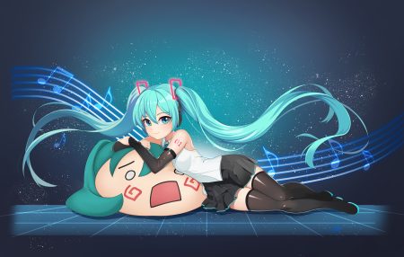 aqua eyes aqua hair gradient hachune miku hatsune miku hpb8642 long hair music tattoo thighhighs twintails vocaloid
