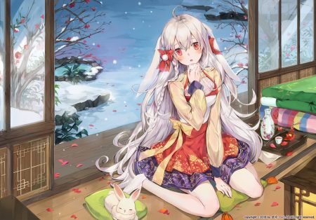 animal animal ears bosack braids bunny ears bunnygirl drink long hair original petals pink eyes rabbit sake snow socks watermark winter