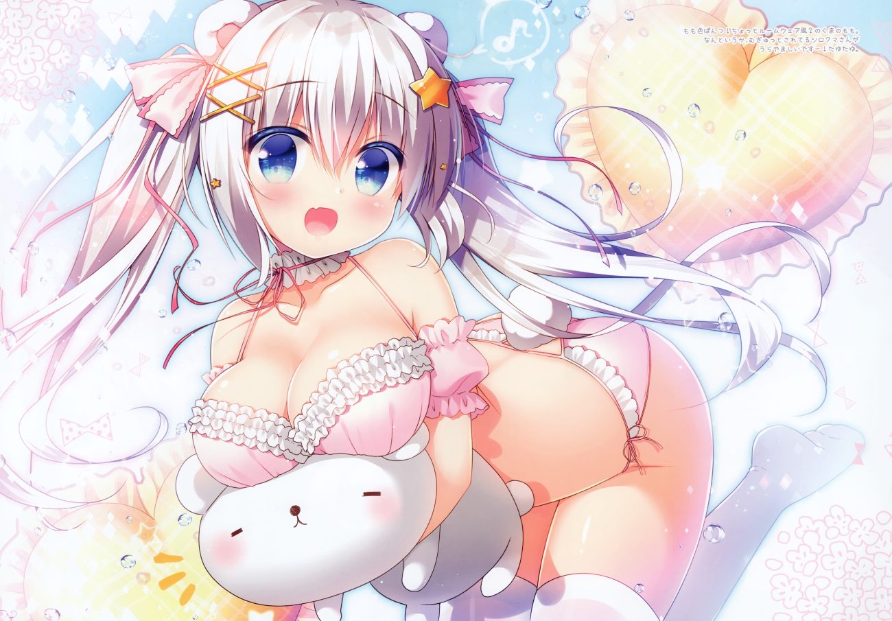animal ears aqua eyes barefoot bikini blush breasts cleavage fang long hair original sasai saji scan swimsuit tail thighhighs twintails white hair