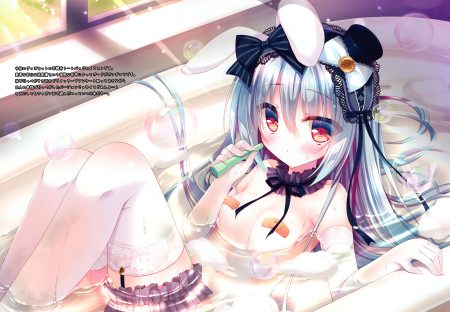 animal ears bandaid bath bathtub blue hair blush bow breasts bubbles bunny ears bunnygirl collar elbow gloves garter garter belt gloves hat loli long hair nude original red eyes rokudou itsuki scan thighhighs water