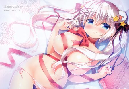 animal ears aqua eyes blush bow breasts long hair navel original panties ribbons sasai saji scan twintails underwear white hair