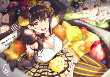 anthropomorphism atago (azur lane) azur lane breasts brown eyes cleavage dress elbow gloves food fruit gloves graf zeppelin (azur lane) long hair manjuu (azur lane) mappaninatta red eyes signed strawberry takao (azur lane) thighhighs white hair yellow eyes