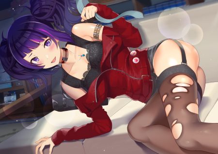 blush choker couch garter belt idolmaster idolmaster shiny colors necklace purple eyes purple hair tanaka mamimi thighhighs tomato (madanai the cat) torn clothes twintails