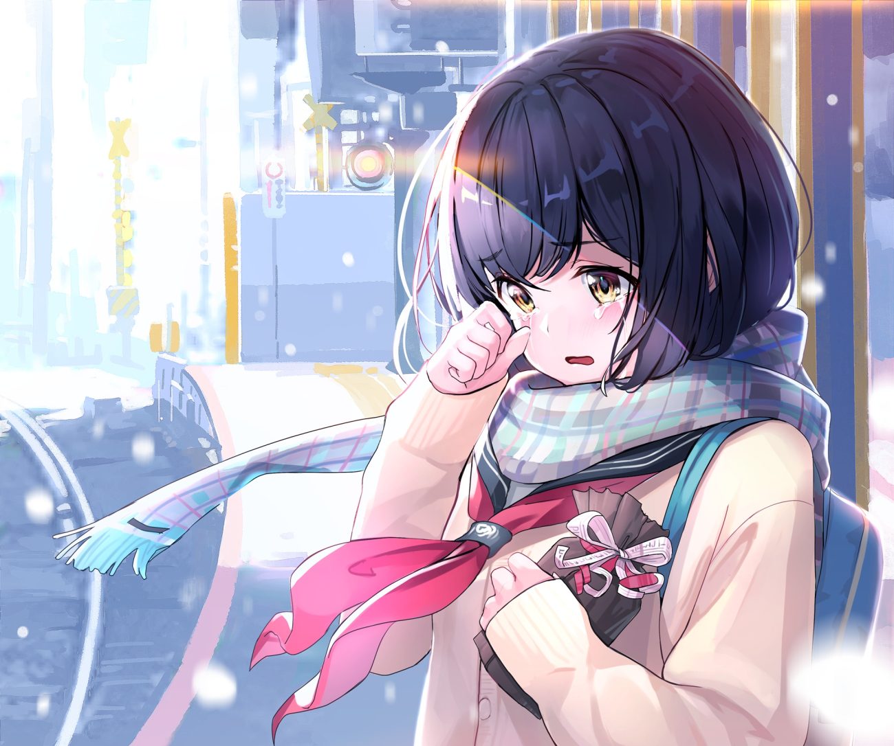 +15 blue hair close crying original scarf school uniform short hair tears valentine yellow eyes