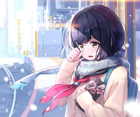 +15 blue hair close crying original scarf school uniform short hair tears valentine yellow eyes