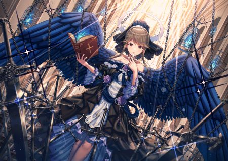 angel book cage chain cross flowers goth-loli halo idolmaster idolmaster million live! lolita fashion mazel rose stockings sword tenkuubashi tomoka weapon wings