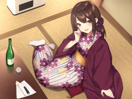 brown eyes brown hair drink japanese clothes kimono long hair original pokachu ponytail sake socks