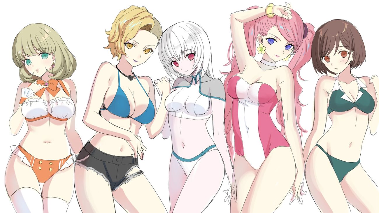 bikini bikini top blonde hair bow breasts brown eyes brown hair choker cleavage deana del rio double decker! fujishiro yuri green eyes green hair group katherine rochefort long hair maxine silverstone navel necklace pink eyes pink hair purple eyes short hair shorts sketch sophie gainsbourg swimsuit thighhighs torn clothes twintails waifu2x white white hair wristwear yellow eyes yuuki rika