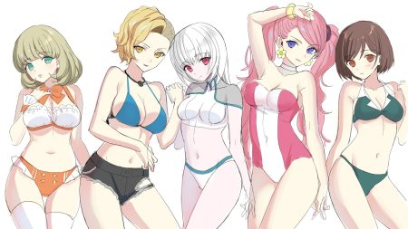 bikini bikini top blonde hair bow breasts brown eyes brown hair choker cleavage deana del rio double decker! fujishiro yuri green eyes green hair group katherine rochefort long hair maxine silverstone navel necklace pink eyes pink hair purple eyes short hair shorts sketch sophie gainsbourg swimsuit thighhighs torn clothes twintails waifu2x white white hair wristwear yellow eyes yuuki rika