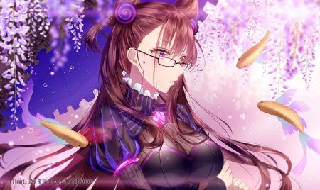 animal breasts brown hair bubbles fate/grand order fate (series) fish flowers glasses junpaku karen long hair murasaki shikibu purple eyes umbrella underwater water watermark