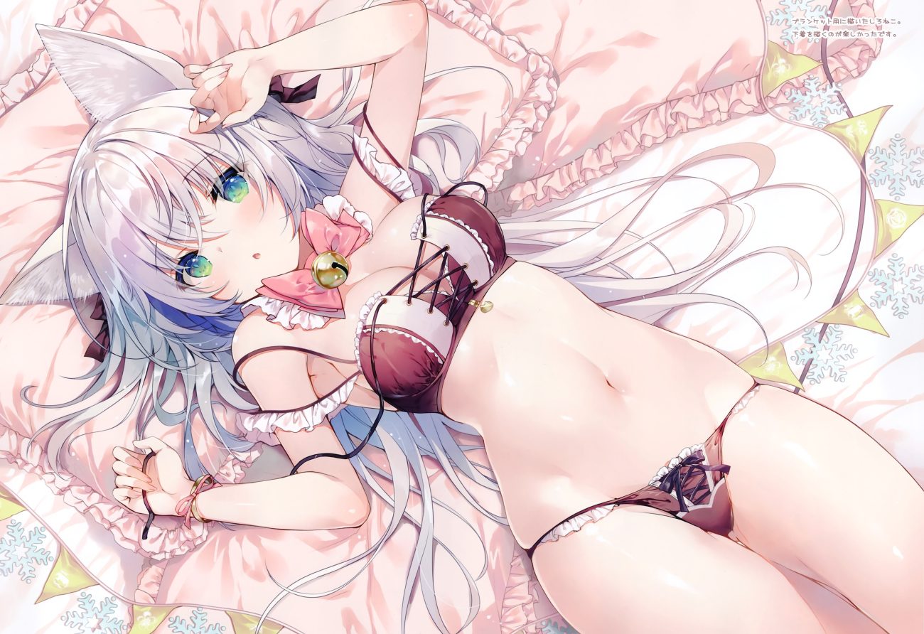 animal ears bed bell blush bow breasts catgirl cleavage green eyes long hair miwabe sakura navel original panties scan underwear white hair wristwear