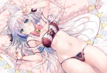 animal ears bed bell blush bow breasts catgirl cleavage green eyes long hair miwabe sakura navel original panties scan underwear white hair wristwear