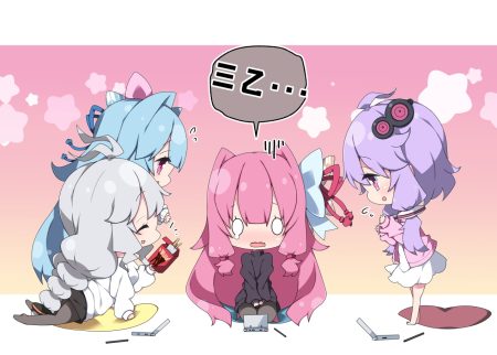 barefoot blue hair braids chibi dress fang food game console gradient gray hair group kizuna akari kotonoha akane kotonoha aoi long hair milkpanda pantyhose pink pink hair pocky purple eyes purple hair skirt tears twins twintails vocaloid voiceroid yuzuki yukari