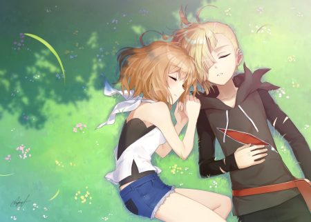 aliasing blonde hair brown hair gladio (pokemon) grass green hood male mizuki (pokemon) pokemon rupinesu short hair shorts signed sleeping