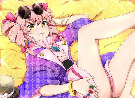 ajia (otya3039) bed dress necklace pink hair sunglasses touhou twintails waifu2x wristwear yellow eyes yorigami joon