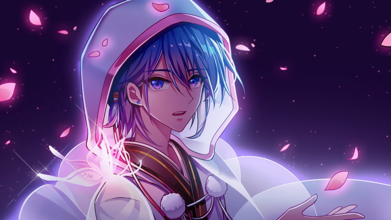 all male aqua eyes blue blue hair hood japanese clothes kaito kazenemuri male petals short hair vocaloid