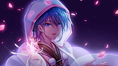 all male aqua eyes blue blue hair hood japanese clothes kaito kazenemuri male petals short hair vocaloid