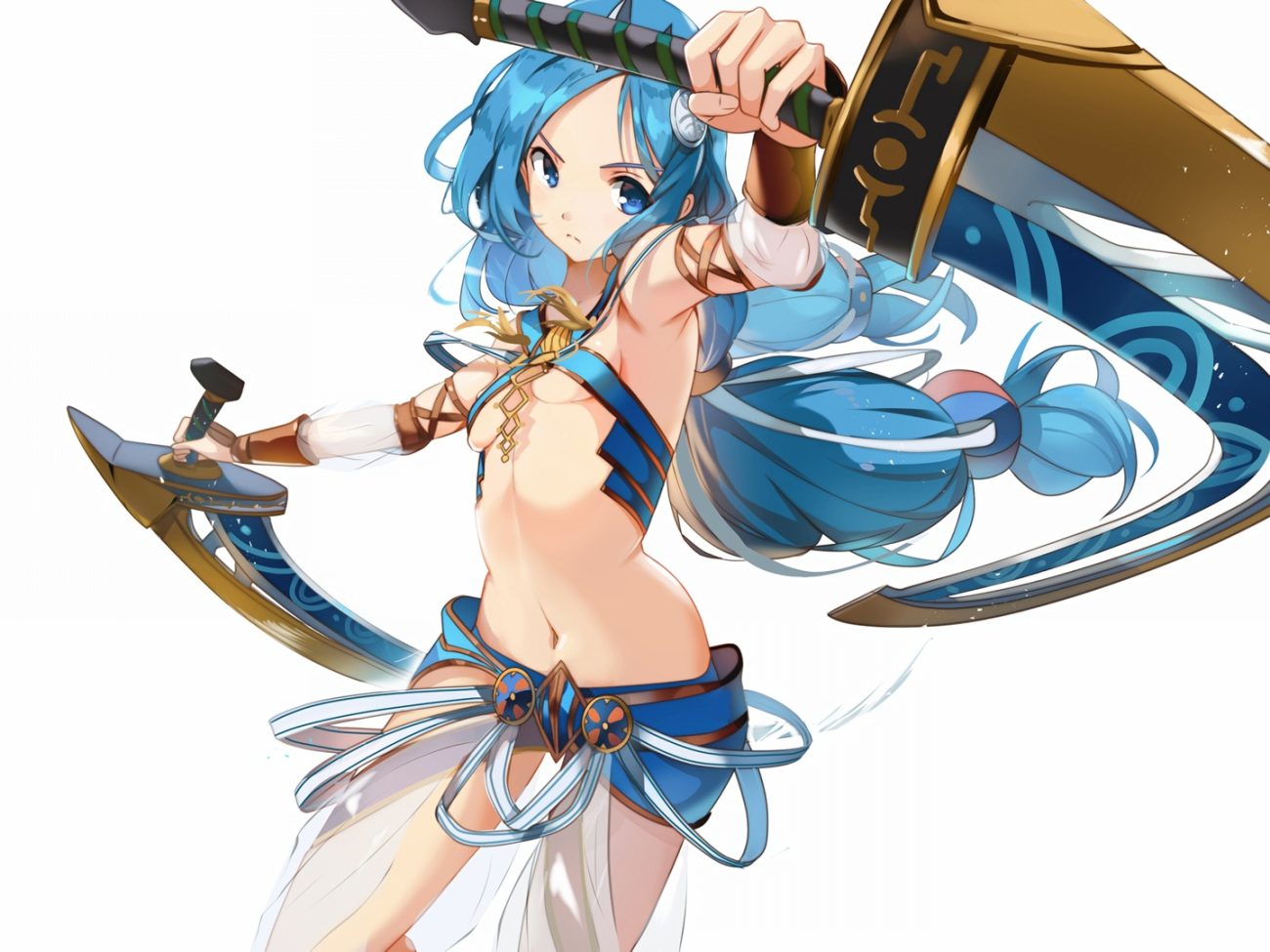 blue eyes blue hair breasts dana (ys) long hair navel shinokawa7 sword waifu2x weapon white ys