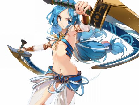 blue eyes blue hair breasts dana (ys) long hair navel shinokawa7 sword waifu2x weapon white ys