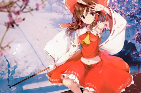 bow brown eyes brown hair cherry blossoms flowers hakurei reimu japanese clothes long hair miko navel ofuda shinokawa7 skirt touhou waifu2x