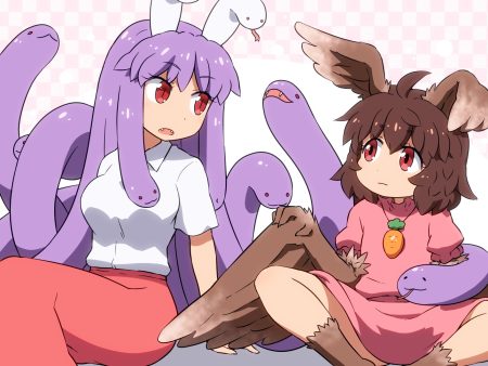 2girls animal brown hair dress fang inaba tewi long hair necklace purple hair red eyes reisen udongein inaba shirosato short hair skirt snake touhou wings