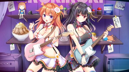 aliasing black hair breasts cleavage collar food guitar hosaki menma hosaki menma channel instrument masayo (gin no ame) orange hair purple eyes red eyes skirt translation request