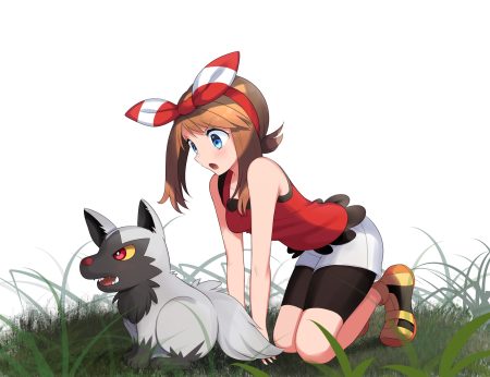 aqua eyes bike shorts brown hair grass haruka (pokemon) headband pokemon poochyena shorts white yuihiko