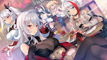 admiral graf spee (azur lane) admiral hipper (azur lane) anthropomorphism azur lane black hair blonde hair blue eyes blush breasts brown eyes cake cleavage deutschland (azur lane) elbow gloves food gloves graf zeppelin (azur lane) green eyes group hat kurot long hair phone prinz eugen (azur lane) red eyes see through teddy bear valentine white hair