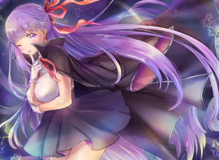 bb (fate) breast hold breasts cape fate/grand order fate (series) gloves long hair purple eyes purple hair tagme (artist) wink