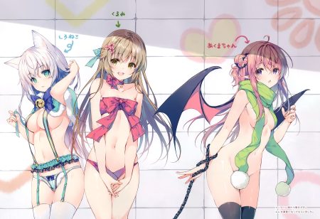 animal ears bell blush bow brown hair catgirl chain garter belt green eyes long hair miwabe sakura navel nude original panties pink hair purple eyes scan scarf thighhighs underwear white hair wings