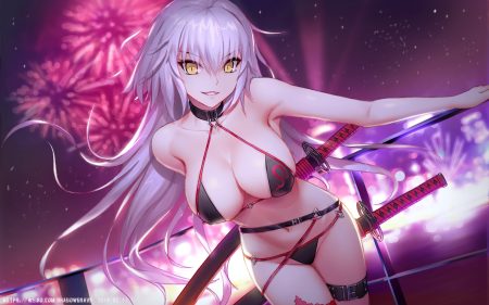 bikini erect nipples fate/grand order fate (series) fireworks jeanne d'arc alter jeanne d'arc (fate) jpeg artifacts katana long hair navel shadowgrave sky swimsuit sword watermark weapon white hair yellow eyes