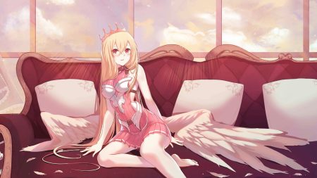 angel barefoot blonde hair couch crown feathers long hair original red eyes unvko