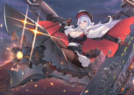 anthropomorphism azur lane breasts cape chain cleavage gloves graf zeppelin (azur lane) hat long hair pak ce red eyes stockings white hair