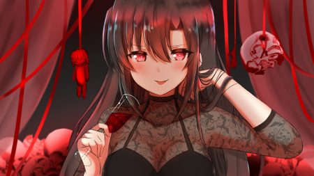 blush breasts brown hair cleavage close drink long hair original red eyes ribbons see through shibakame skull