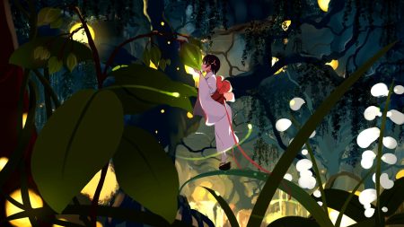black hair forest illusionk japanese clothes kimono leaves night original short hair tree