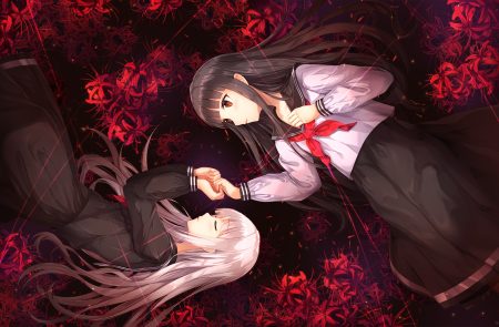 2girls black hair brown eyes flowers long hair lunacle original school uniform skirt sleeping white hair