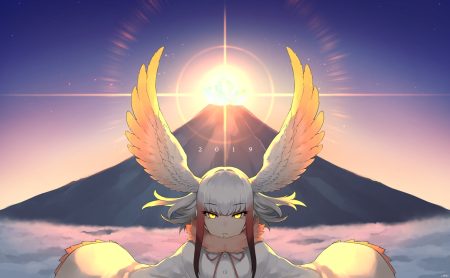 anthropomorphism clouds crested ibis (kemono friends) feathers happa (cloverppd) hat kemono friends short hair sky sunset wings witch hat yellow eyes