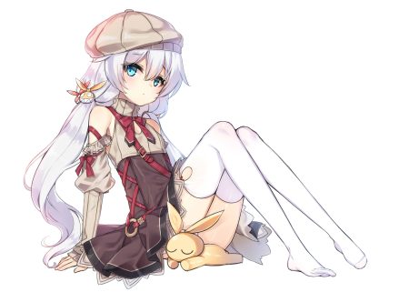 aqua eyes blush bow bunny dress flat chest hat honkai impact honkai (series) kuro (kuronell) loli long hair ribbons theresa apocalypse thighhighs twintails white white hair